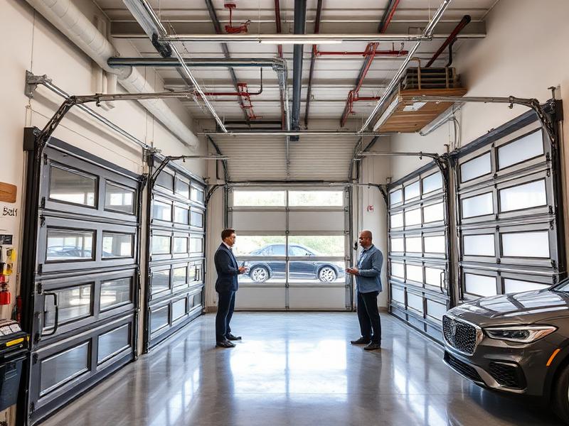 Customer consultation in garage door showroom discussing financing options