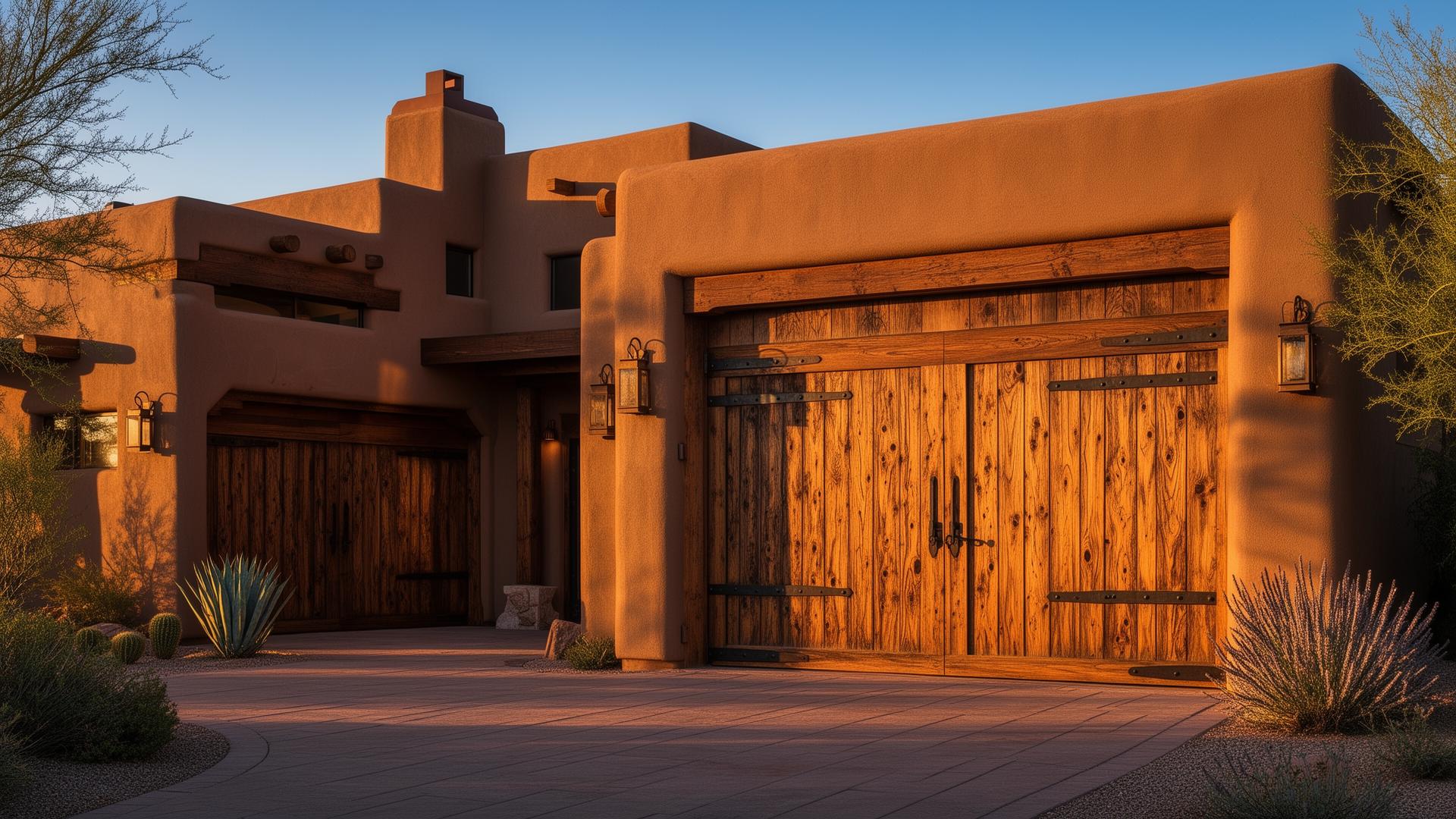 Luxury rustic wood grain garage doors with iron strap hinges on a Southwest adobe style home